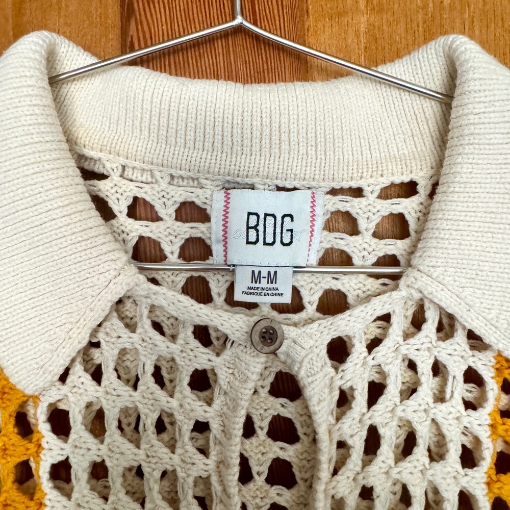 BDG Cream Crochet Open-Knit Button Front Top with Yellow Accent - Picture 3 of 3